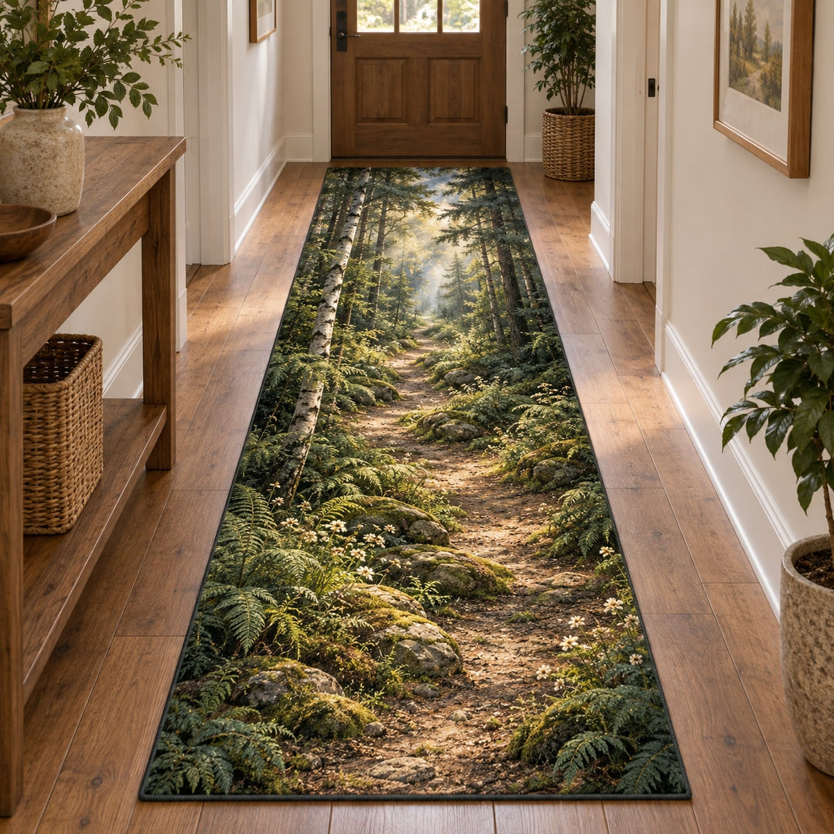 Forest Path Runner Rug with dimensional printed themed artwork; representative AI-generated mockup.