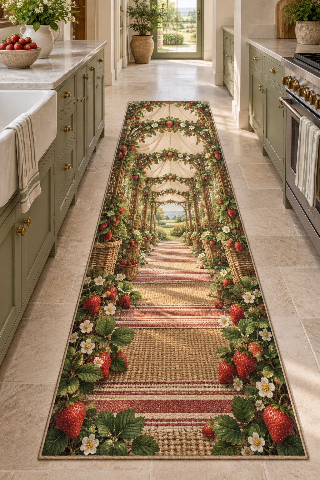 Strawberry Picnic Runner Rug with dimensional printed themed artwork; representative AI-generated mockup.