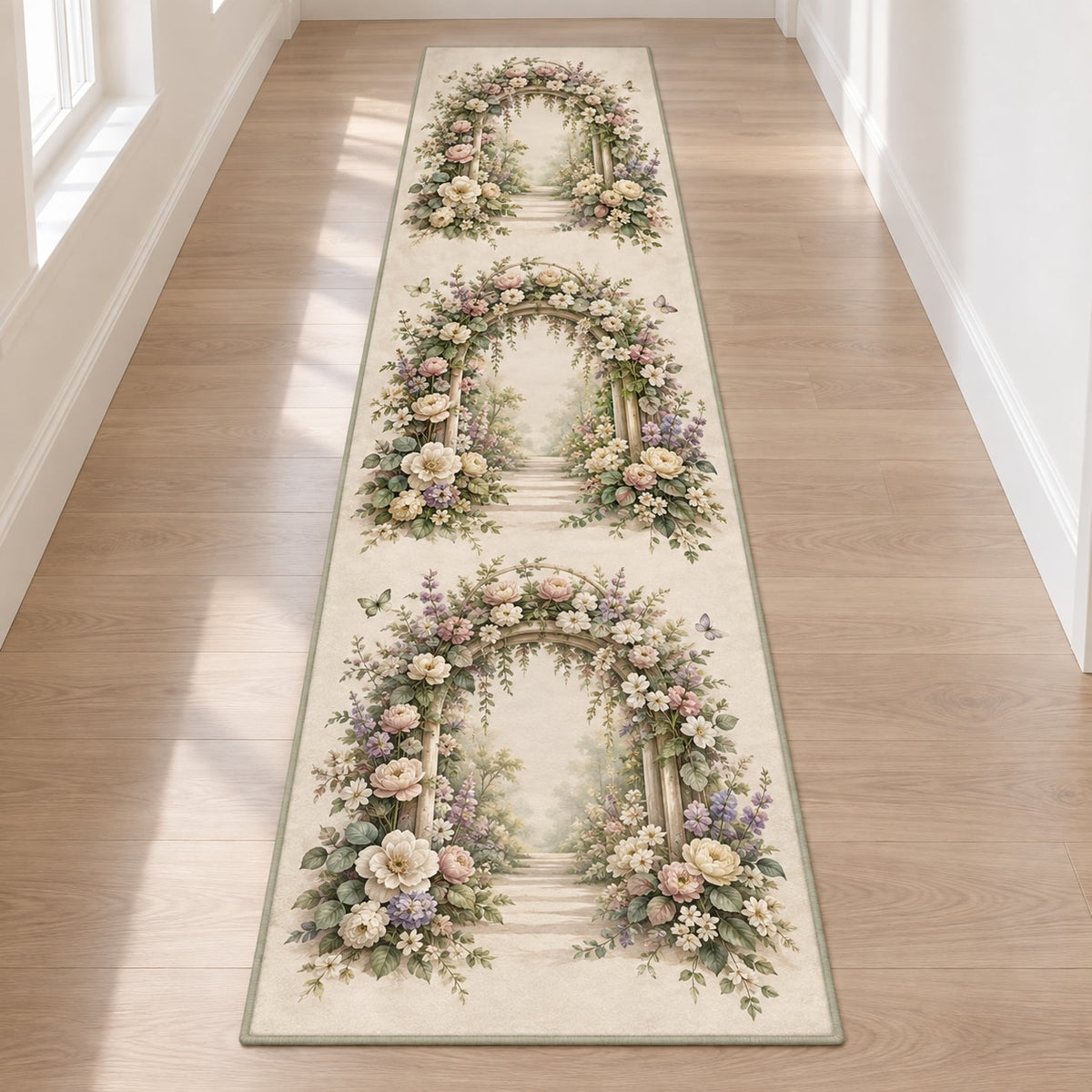 First Birthday Garden Arch Runner Rug with dimensional printed themed artwork; representative AI-generated mockup.