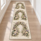 First Birthday Garden Arch Runner Rug with dimensional printed themed artwork; representative AI-generated mockup.