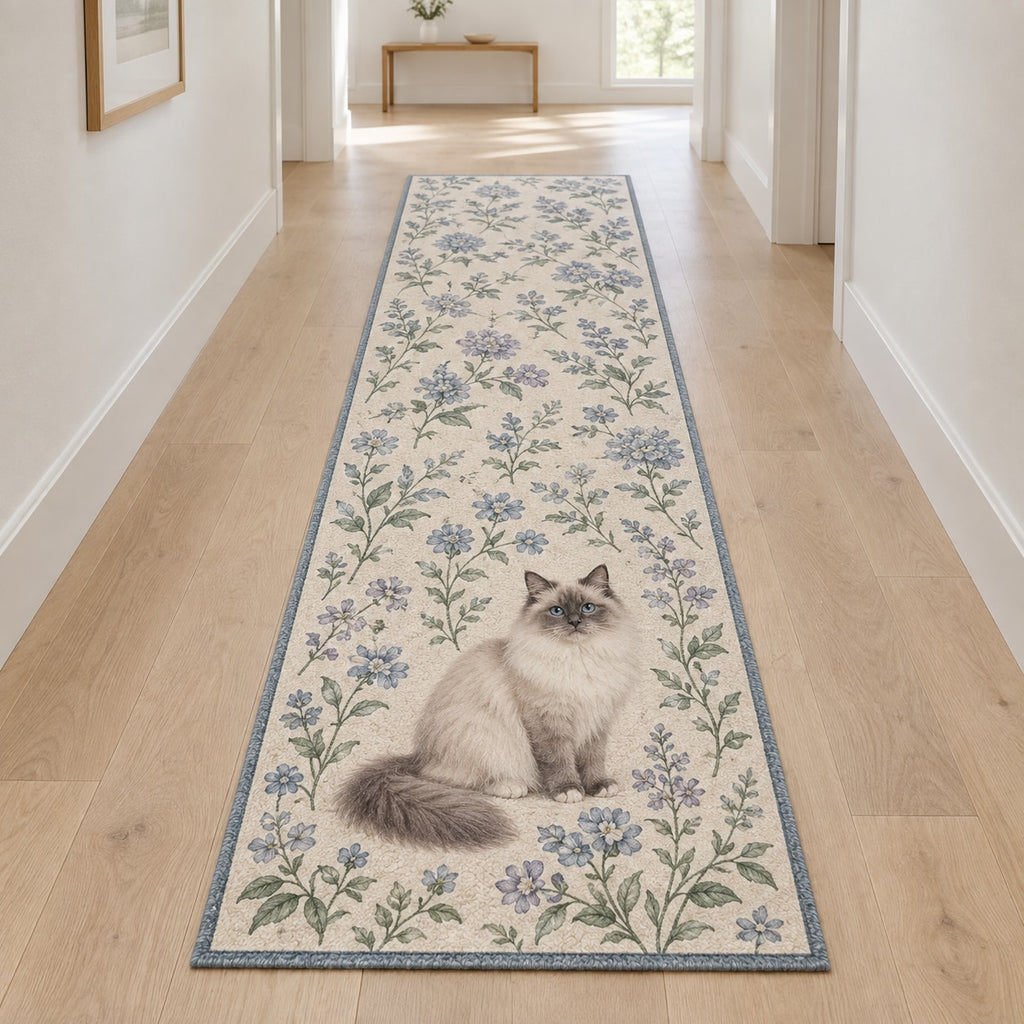 Ragdoll Cat Companion Runner Rug with dimensional printed themed artwork; representative AI-generated mockup.