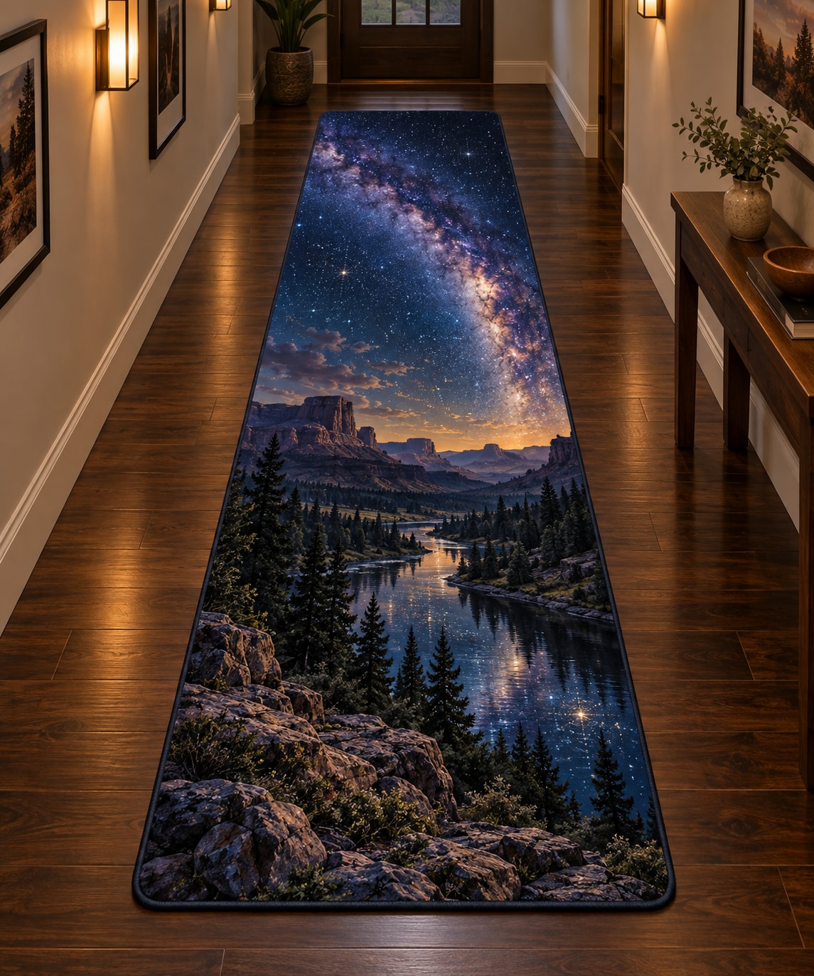 Milky Way Arch Runner Rug with dimensional printed themed artwork; representative AI-generated mockup.