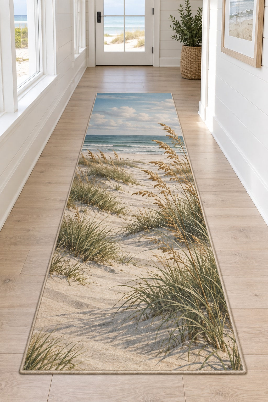 Coastal Dune Grass Runner Rug with dimensional printed themed artwork; representative AI-generated mockup.