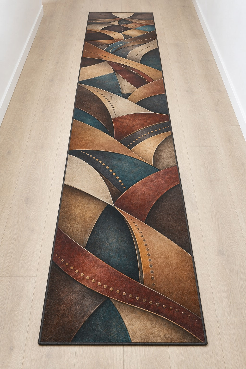 Patina Stitchfold Cascade Runner Rug with dimensional printed themed artwork; representative AI-generated mockup.