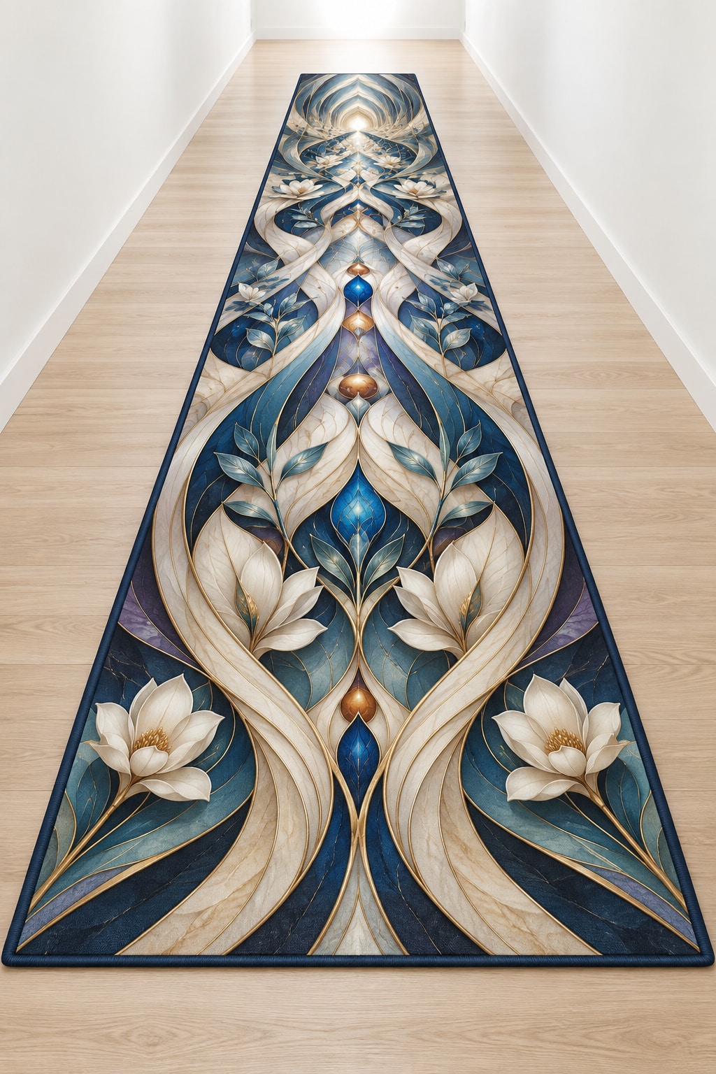 Spatial Prism Atelier Runner Rug with dimensional printed themed artwork; representative AI-generated mockup.