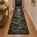 Firefly Clearing Runner Rug with dimensional printed themed artwork; representative AI-generated mockup.