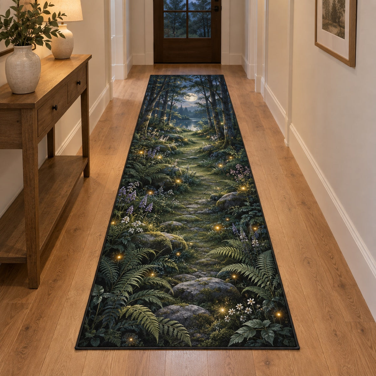 Firefly Clearing Runner Rug with dimensional printed themed artwork; representative AI-generated mockup.