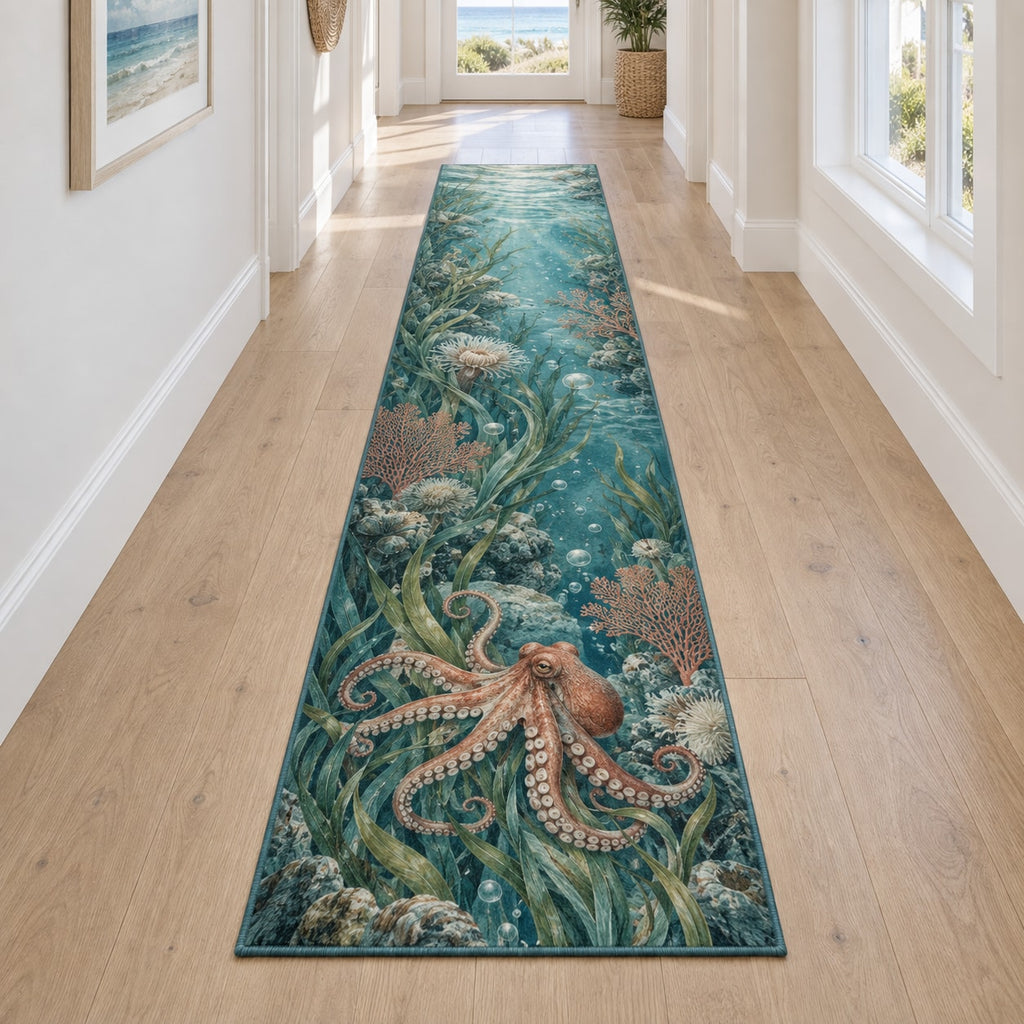 Octopus Garden Runner Rug with dimensional printed themed artwork; representative AI-generated mockup.
