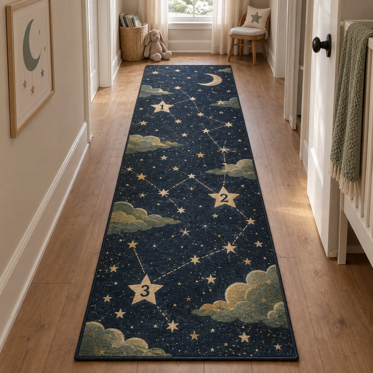 Number Constellation Runner Rug with dimensional printed themed artwork; representative AI-generated mockup.