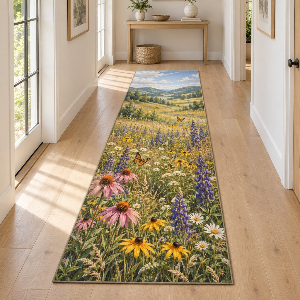 Wildflower Meadow Runner Rug with dimensional printed themed artwork; representative AI-generated mockup.