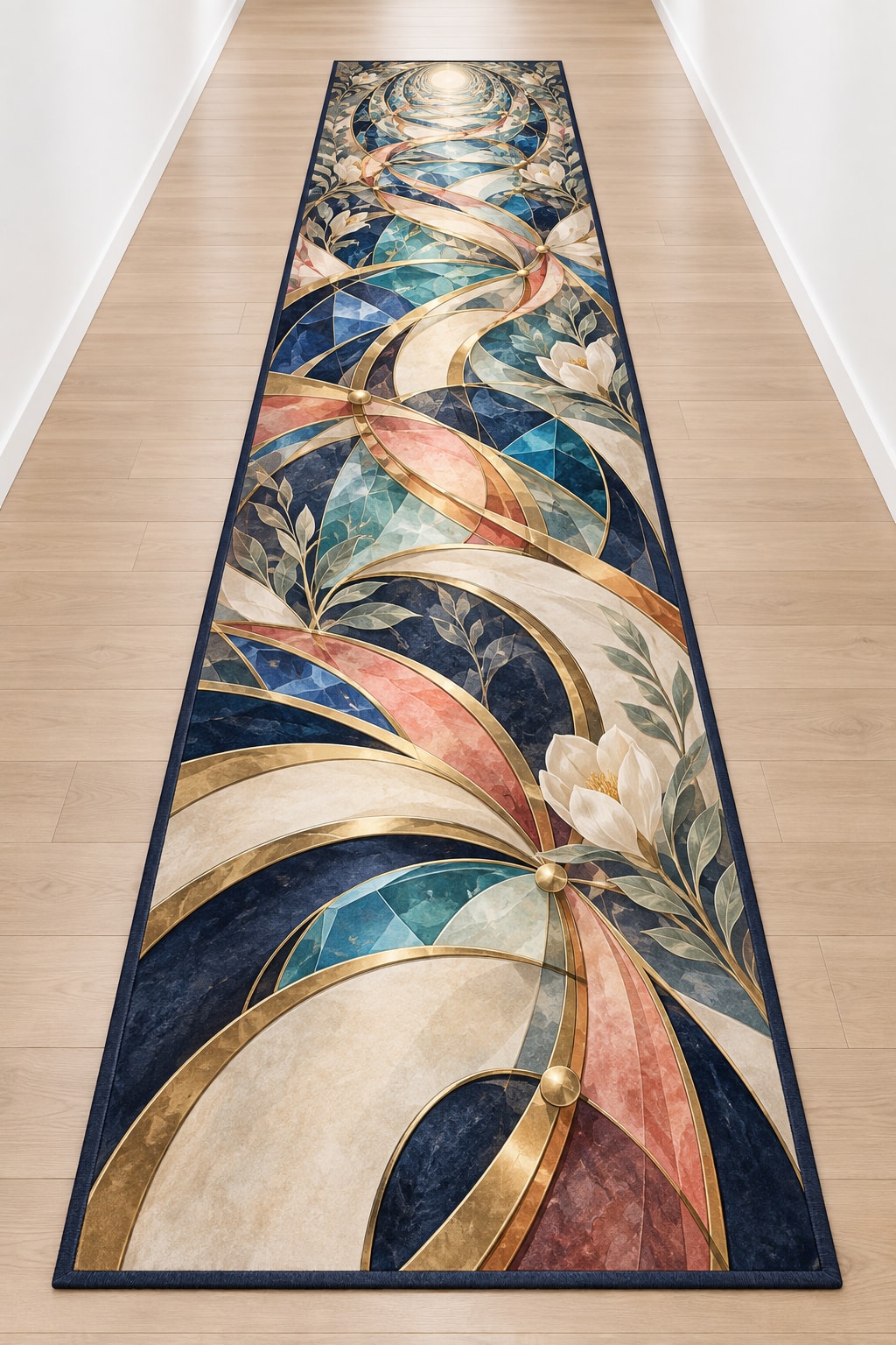 Compassion Bridge Atrium Runner Rug with dimensional printed themed artwork; representative AI-generated mockup.