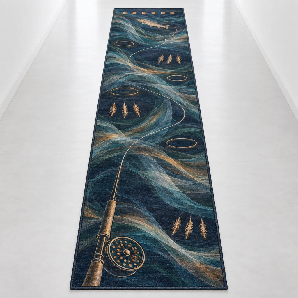 Rifflelight Cast Journey Runner Rug with dimensional printed themed artwork; representative AI-generated mockup.