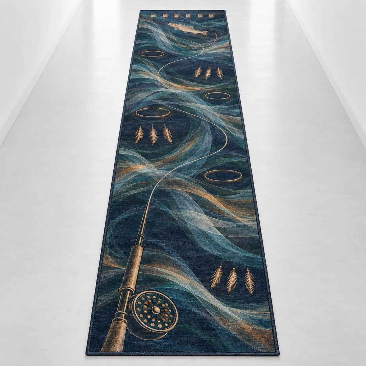 Rifflelight Cast Journey Runner Rug with dimensional printed themed artwork; representative AI-generated mockup.