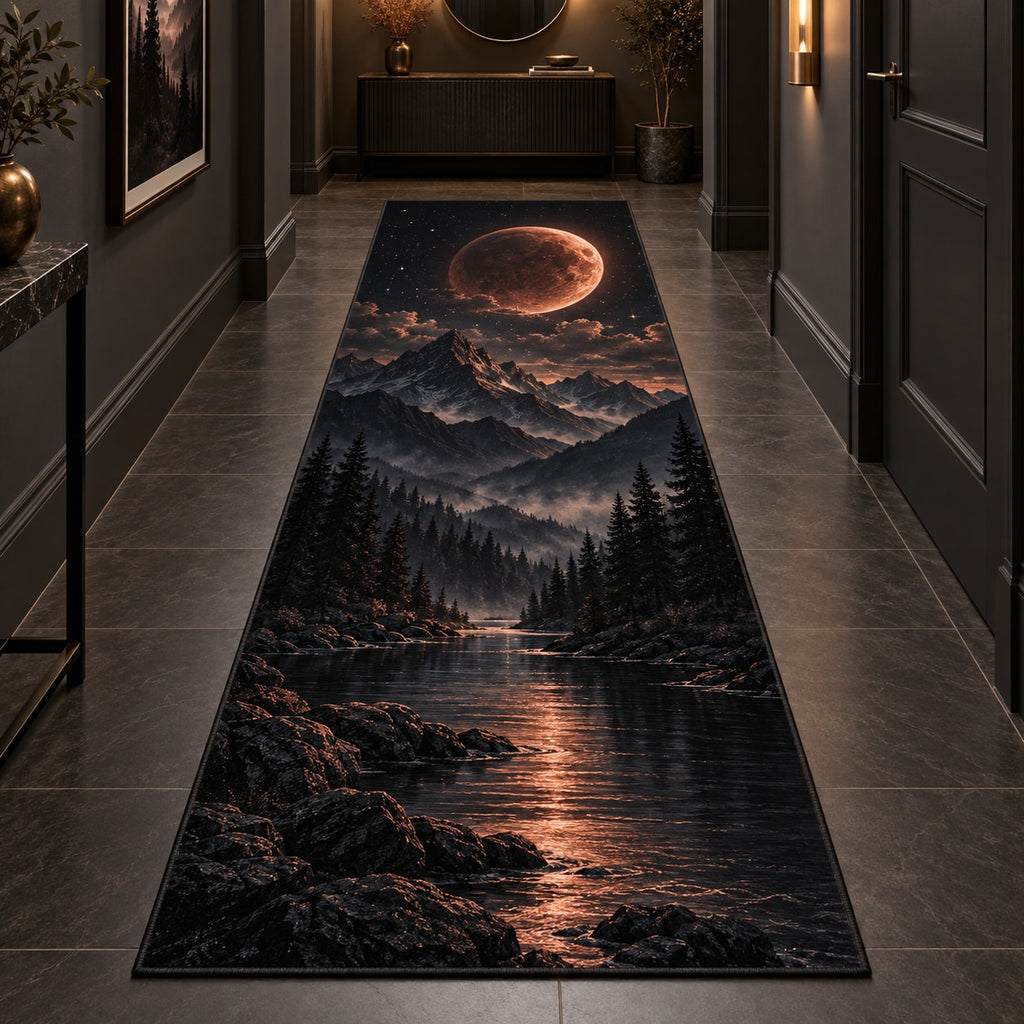 Lunar Eclipse Runner Rug with dimensional printed themed artwork; representative AI-generated mockup.