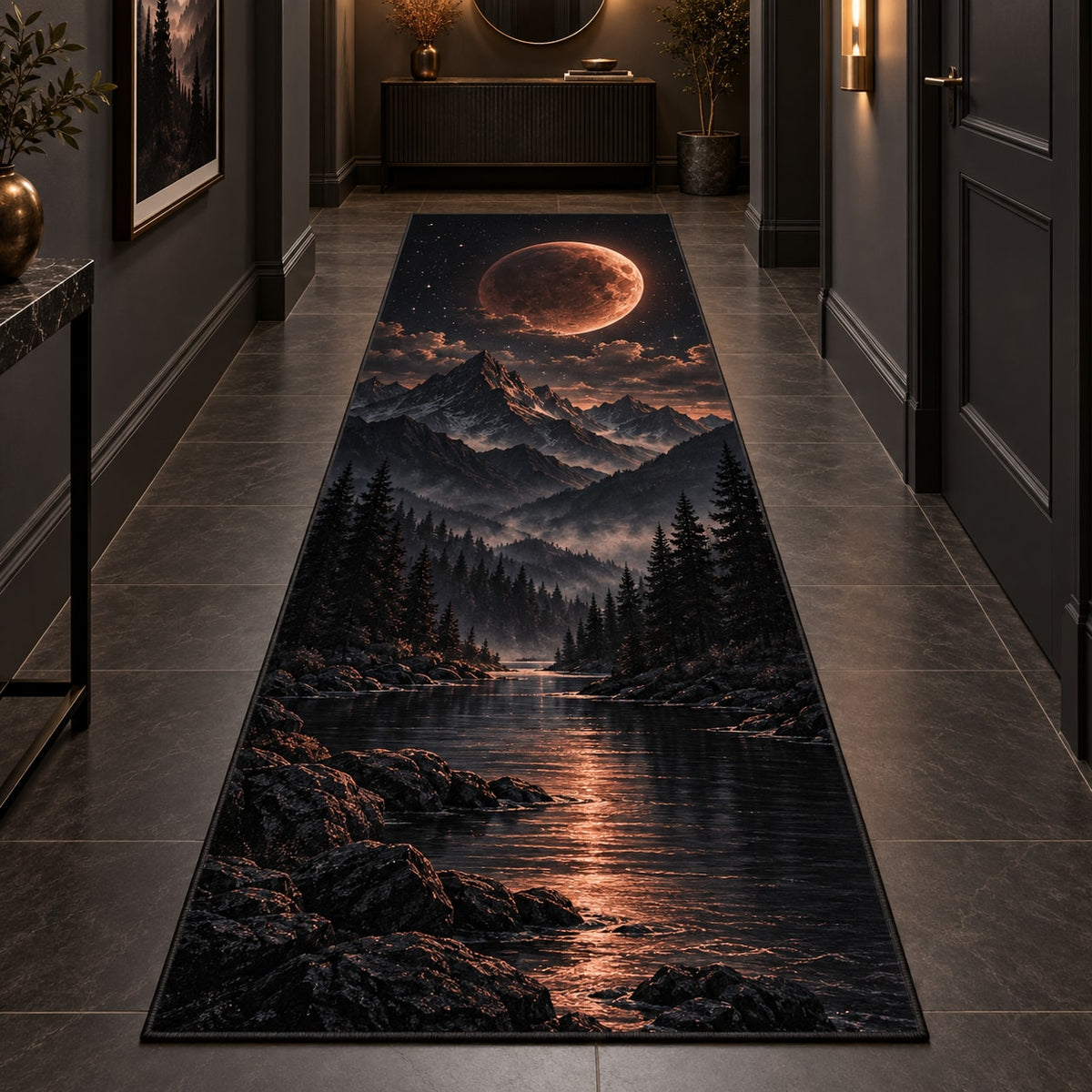 Lunar Eclipse Runner Rug with dimensional printed themed artwork; representative AI-generated mockup.