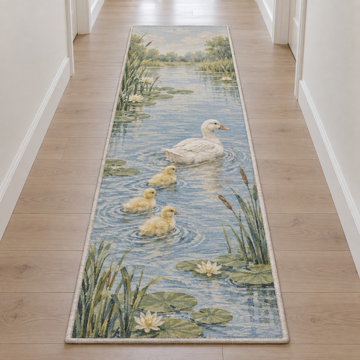 Duck Pond Friends Runner Rug with dimensional printed themed artwork; representative AI-generated mockup.