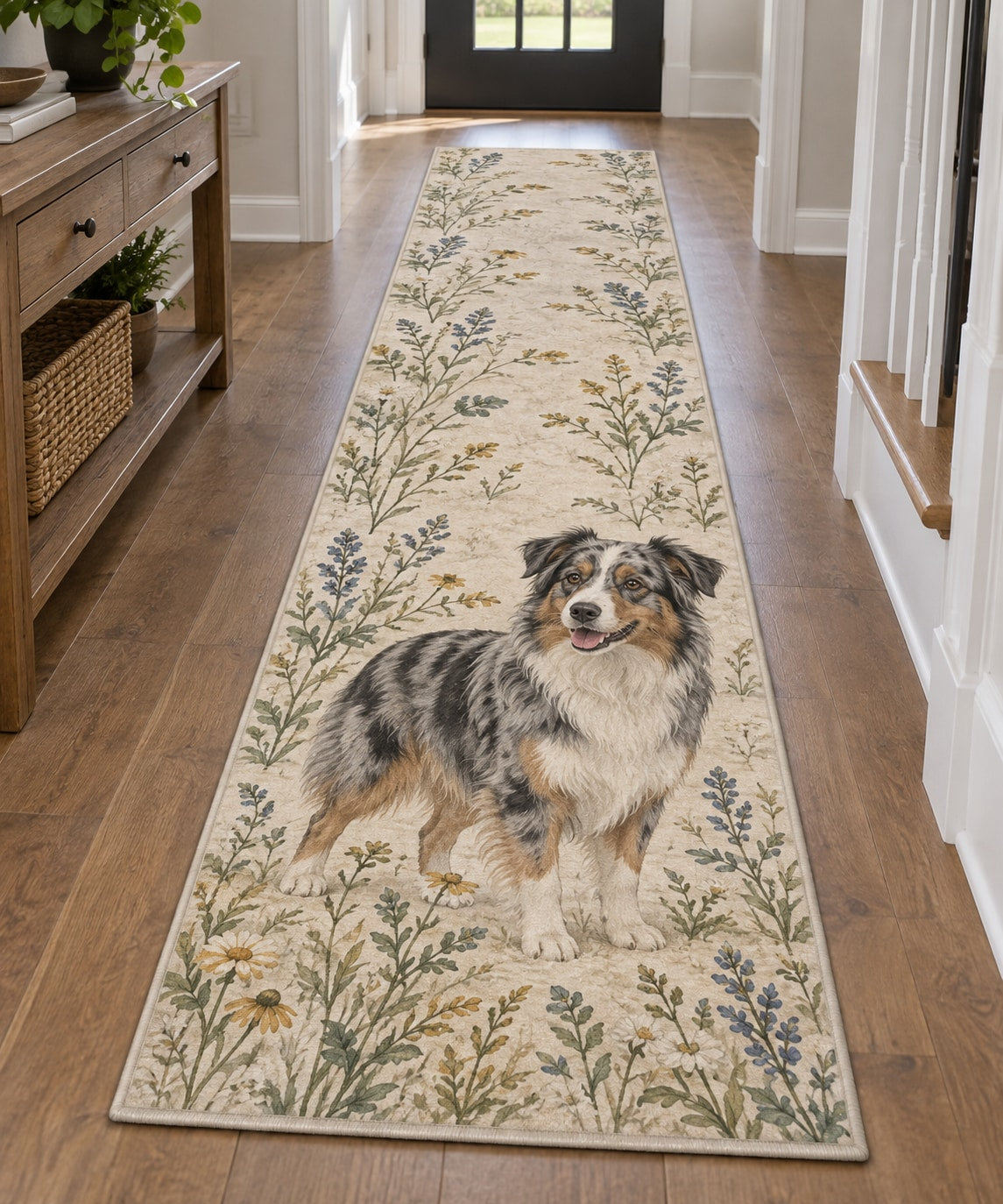 Australian Shepherd Runner Rug with dimensional printed themed artwork; representative AI-generated mockup.