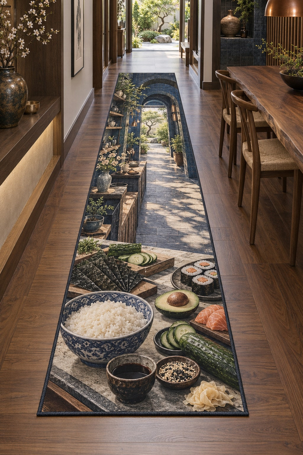Sushi Ingredient Study Runner Rug with dimensional printed themed artwork; representative AI-generated mockup.
