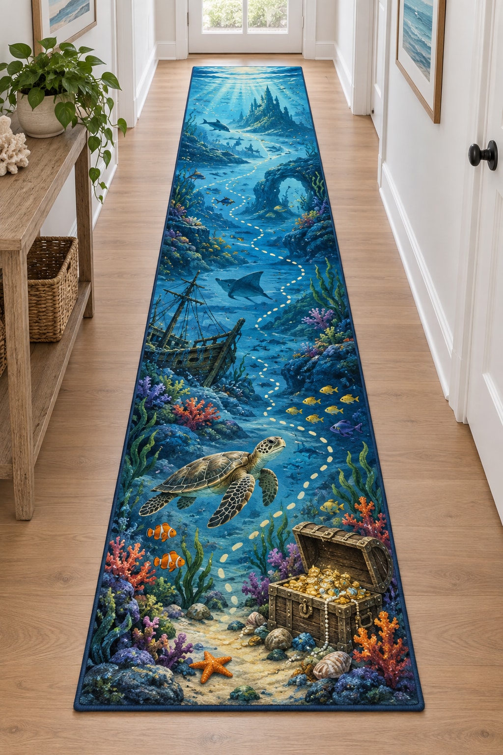 Underwater Treasure Map Runner Rug with dimensional printed themed artwork; representative AI-generated mockup.