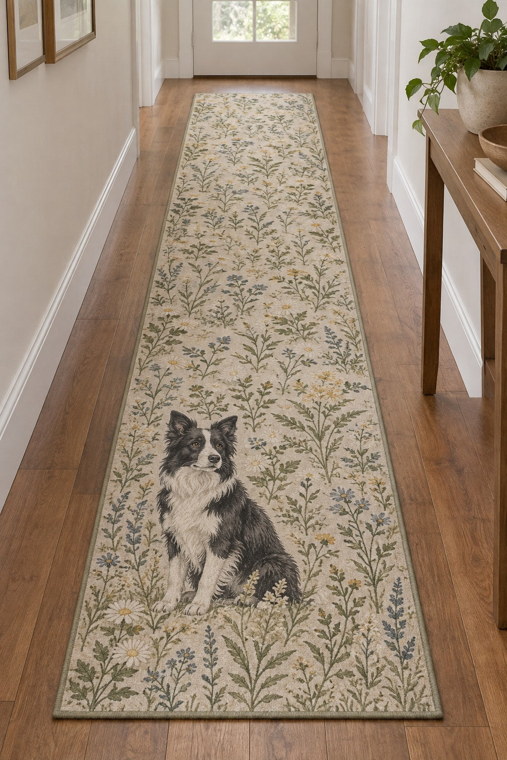 Border Collie Runner Rug with dimensional printed themed artwork; representative AI-generated mockup.