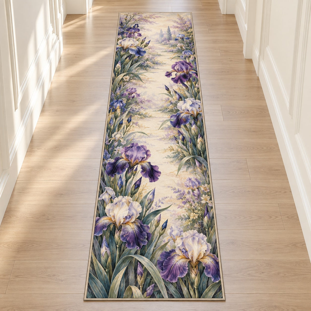 Iris Garden Runner Rug with dimensional printed themed artwork; representative AI-generated mockup.