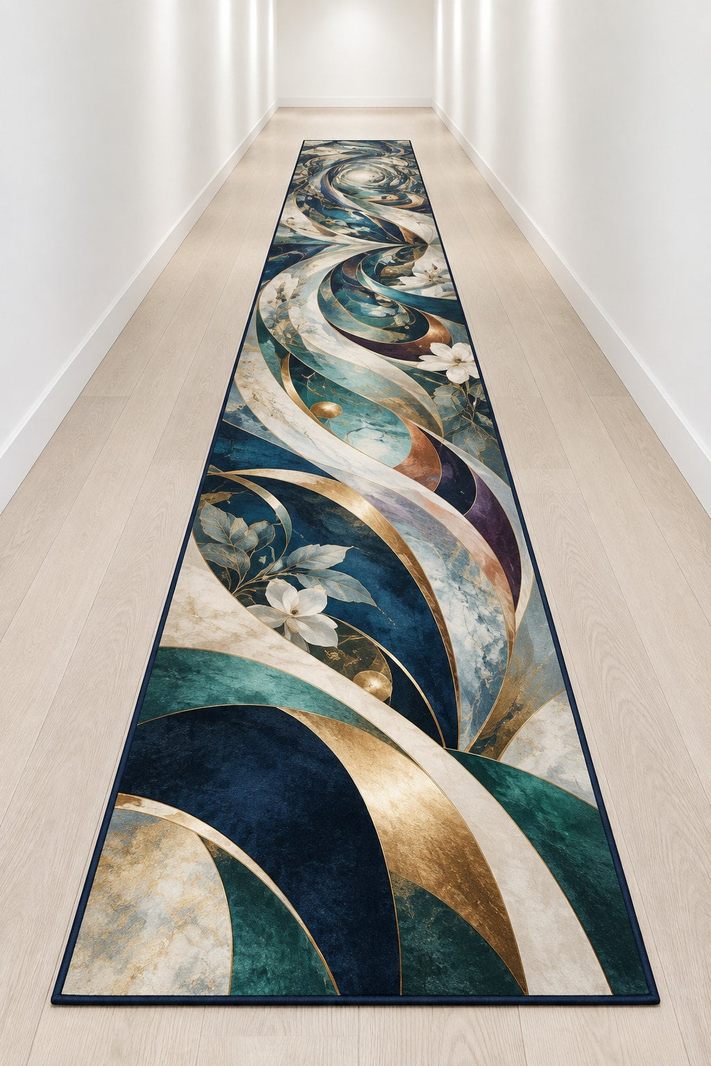 Equilibrium Ledger Atrium Runner Rug with dimensional printed themed artwork; representative AI-generated mockup.