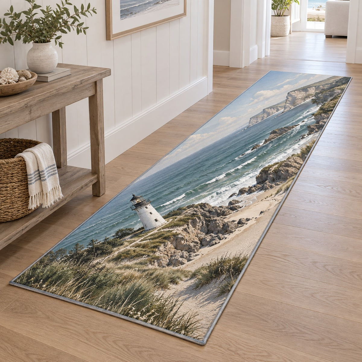 Lighthouse Coast Runner Rug with dimensional printed themed artwork; representative AI-generated mockup.