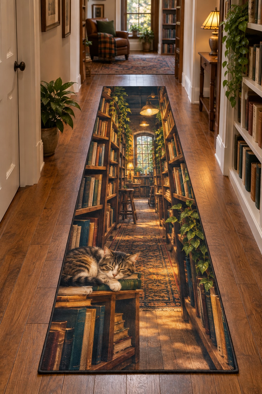 Cat in a Bookshop Runner Rug with dimensional printed themed artwork; representative AI-generated mockup.