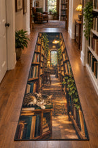 Cat in a Bookshop Runner Rug with dimensional printed themed artwork; representative AI-generated mockup.