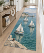 Sailboat Harbor Runner Rug with dimensional printed themed artwork; representative AI-generated mockup.