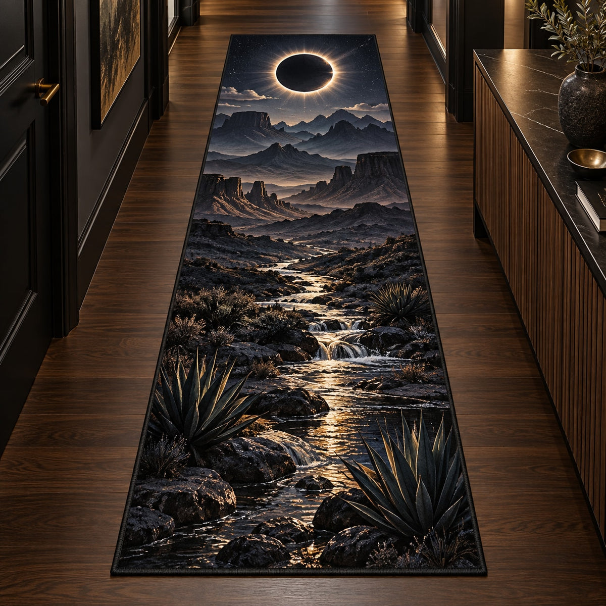 Solar Eclipse Runner Rug with dimensional printed themed artwork; representative AI-generated mockup.