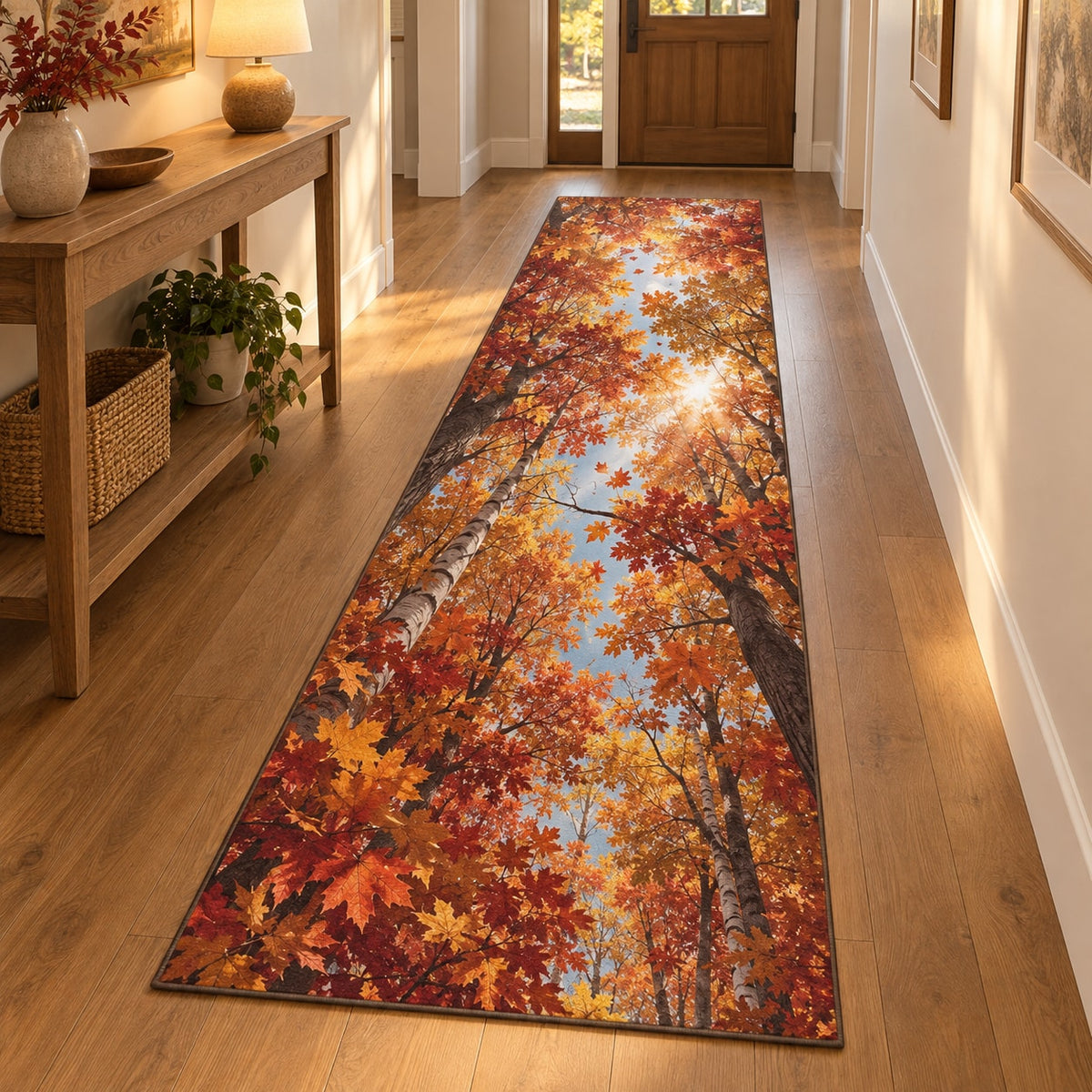 Autumn Forest Canopy Runner Rug with dimensional printed themed artwork; representative AI-generated mockup.