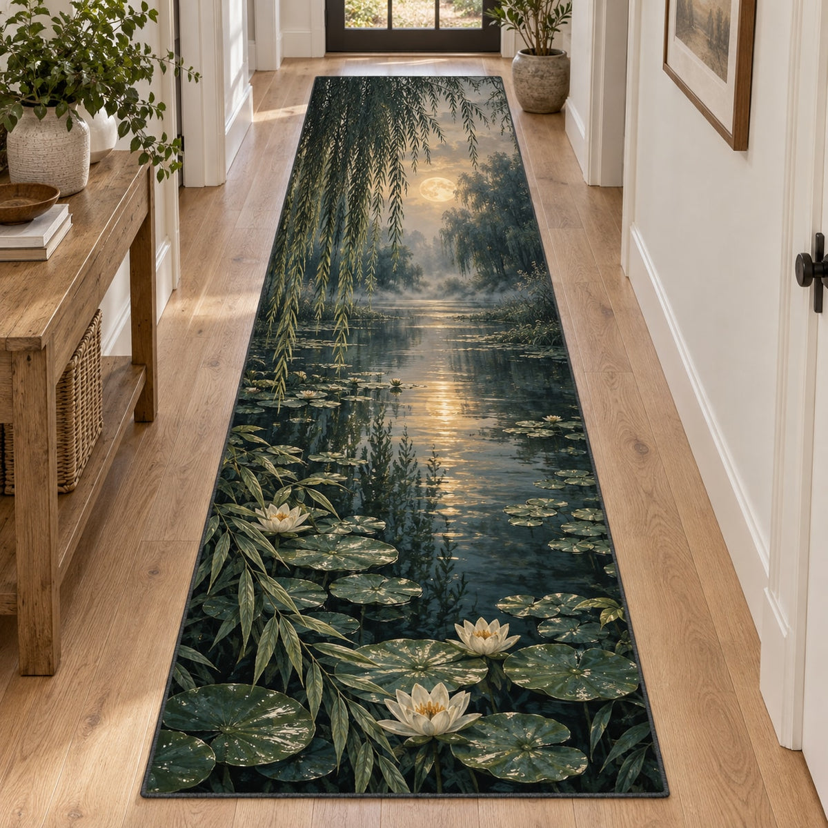 Moonlit Willow Pond Runner Rug with dimensional printed themed artwork; representative AI-generated mockup.