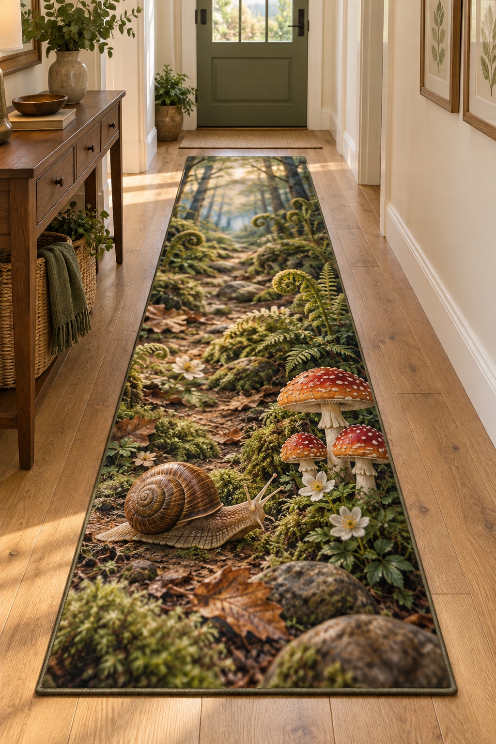 Snail and Toadstool Runner Rug with dimensional printed themed artwork; representative AI-generated mockup.