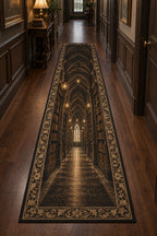 Dark Academia Library Runner Rug with dimensional printed themed artwork; representative AI-generated mockup.