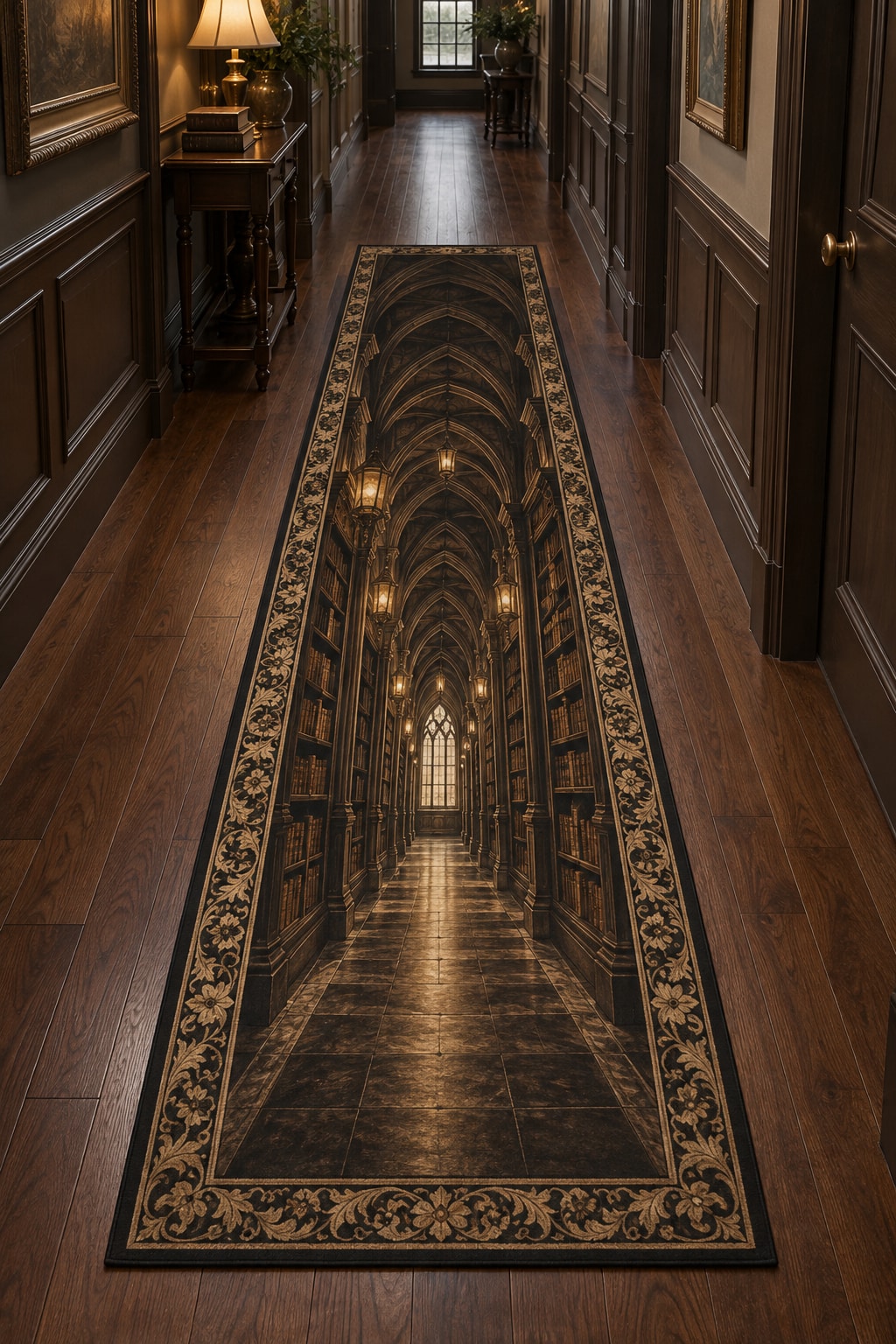 Dark Academia Library Runner Rug with dimensional printed themed artwork; representative AI-generated mockup.