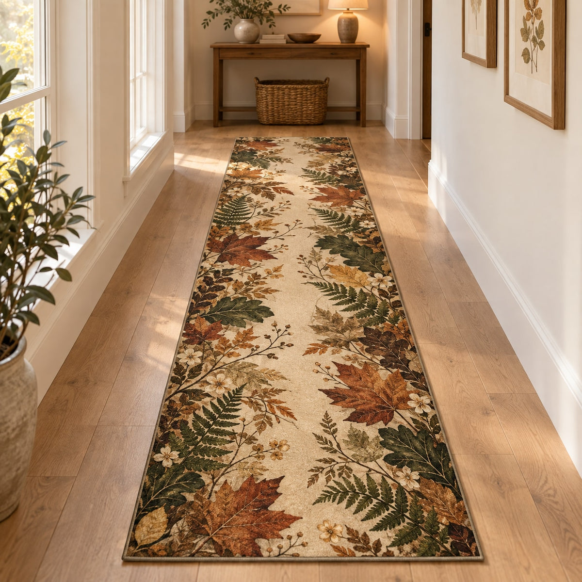 Pressed Woodland Leaves Runner Rug with dimensional printed themed artwork; representative AI-generated mockup.