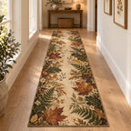Pressed Woodland Leaves Runner Rug with dimensional printed themed artwork; representative AI-generated mockup.