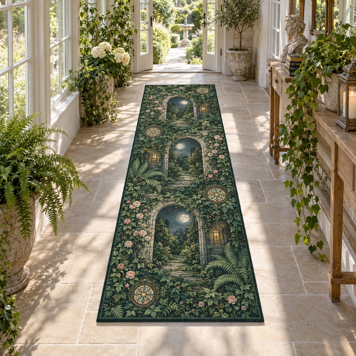 Secret Garden Library Runner Rug with dimensional printed themed artwork; representative AI-generated mockup.
