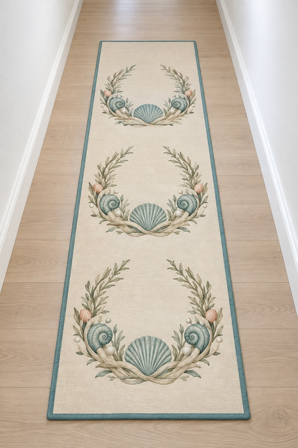Coastal Shell Wedding Runner Rug with dimensional printed themed artwork; representative AI-generated mockup.
