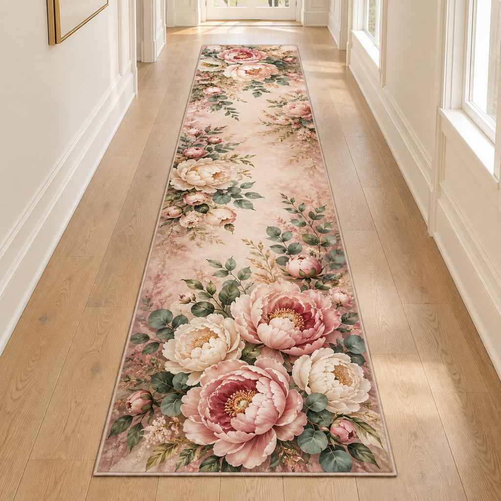 Peony Bouquet Runner Rug with dimensional printed themed artwork; representative AI-generated mockup.