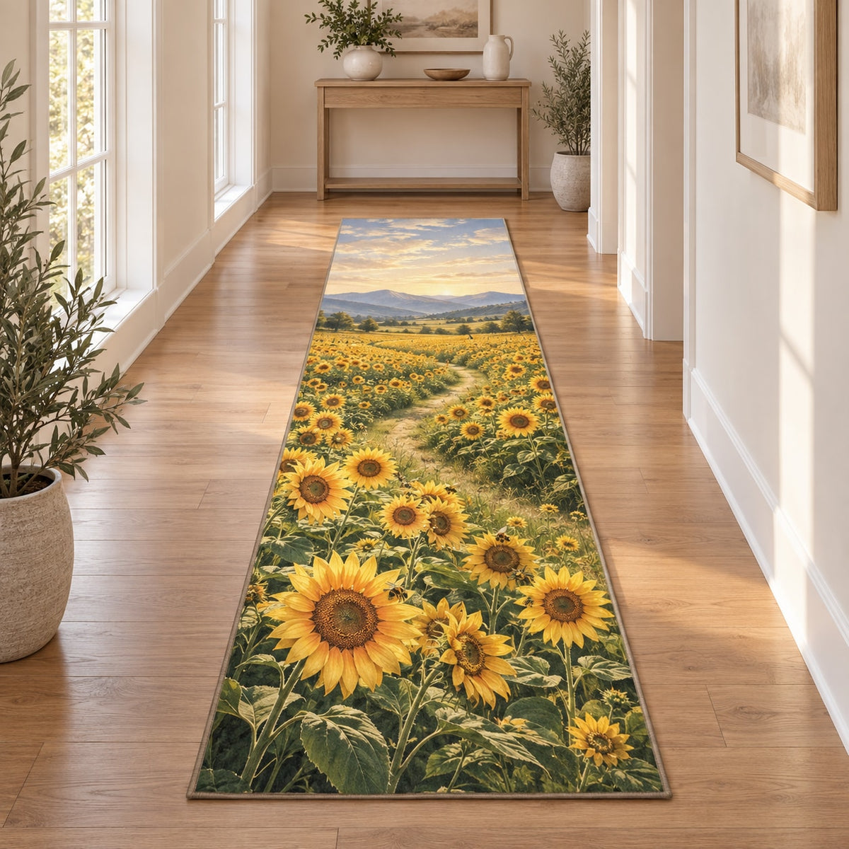 Sunflower Field Runner Rug with dimensional printed themed artwork; representative AI-generated mockup.