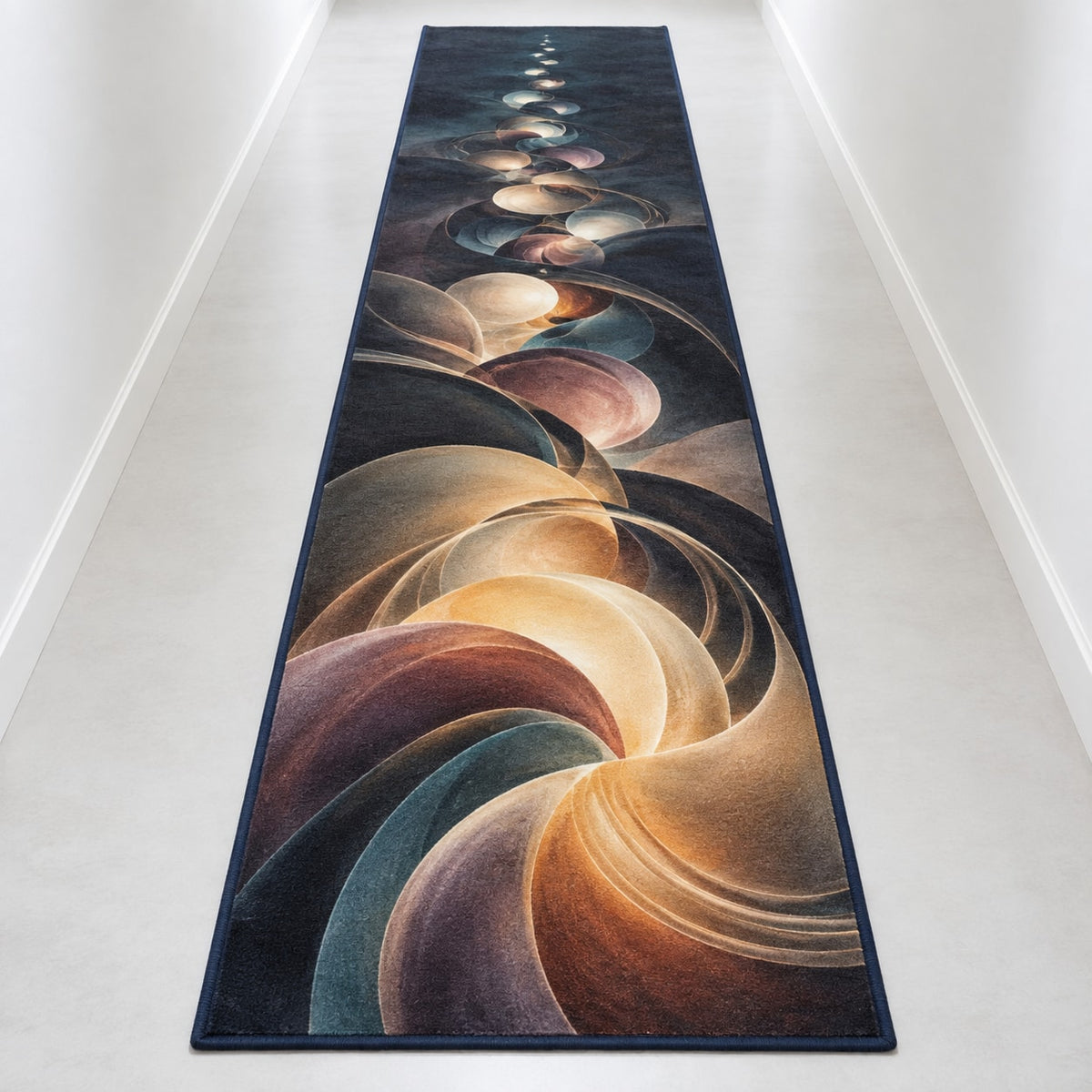 Luminous Waxfold Cascade Runner Rug with dimensional printed themed artwork; representative AI-generated mockup.