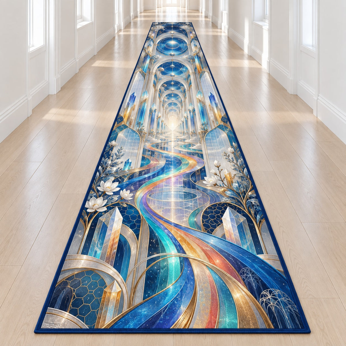 Laboratory Discovery Atrium Runner Rug with dimensional printed themed artwork; representative AI-generated mockup.