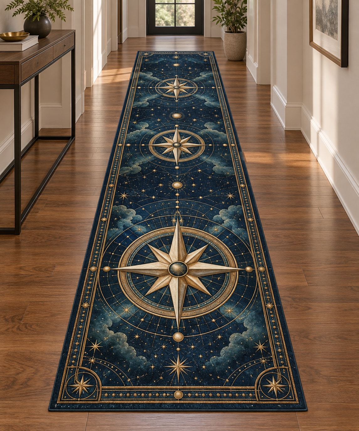 Star Compass Runner Rug with dimensional printed themed artwork; representative AI-generated mockup.