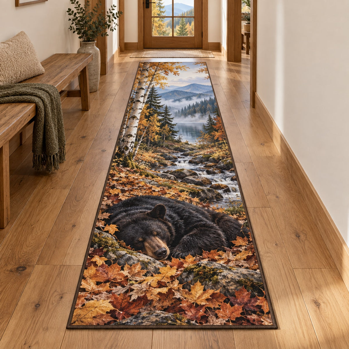Sleeping Bear Leaves Runner Rug with dimensional printed themed artwork; representative AI-generated mockup.