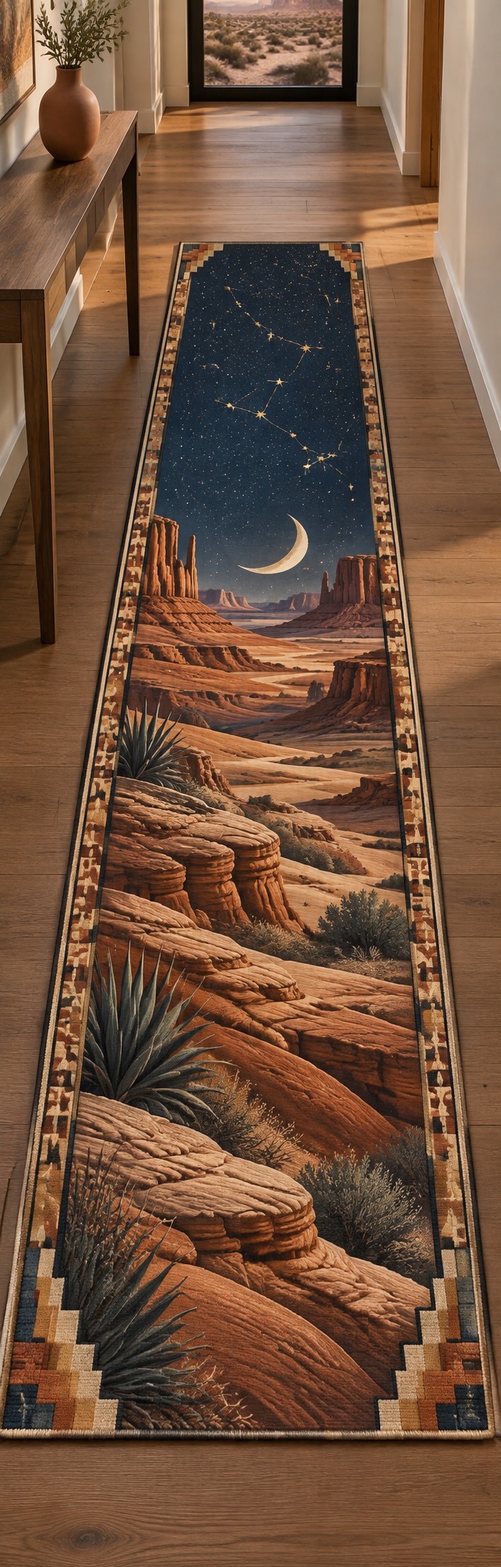 Desert Night Sky Runner Rug with dimensional printed themed artwork; representative AI-generated mockup.
