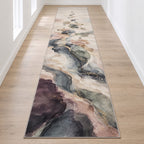 Quiet Margin Aurora Runner Rug with dimensional printed themed artwork; representative AI-generated mockup.