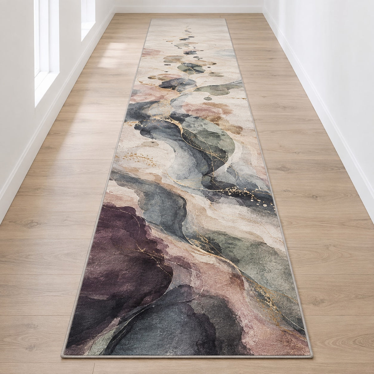 Quiet Margin Aurora Runner Rug with dimensional printed themed artwork; representative AI-generated mockup.