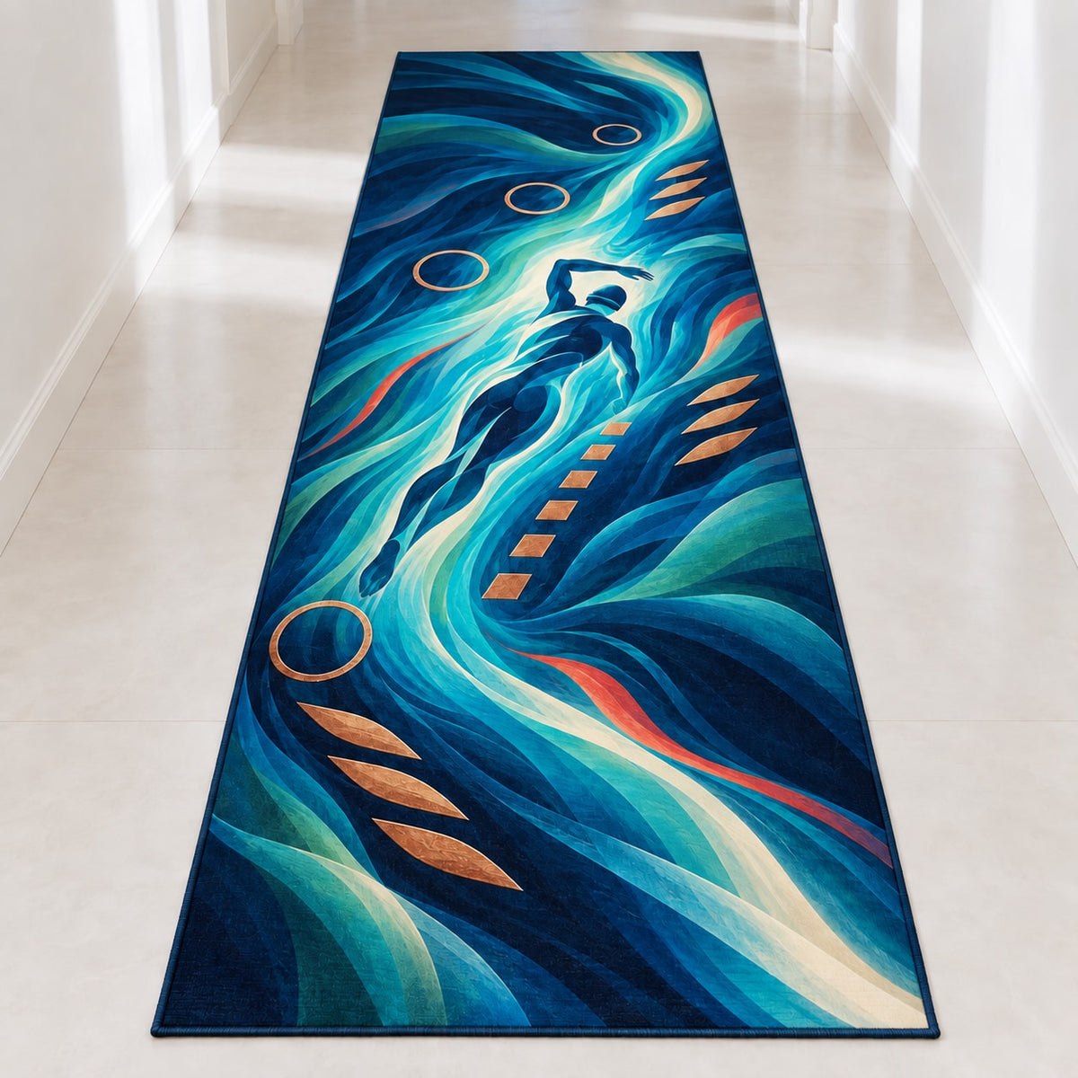 Luminous Lane Resonance Runner Rug with dimensional printed themed artwork; representative AI-generated mockup.